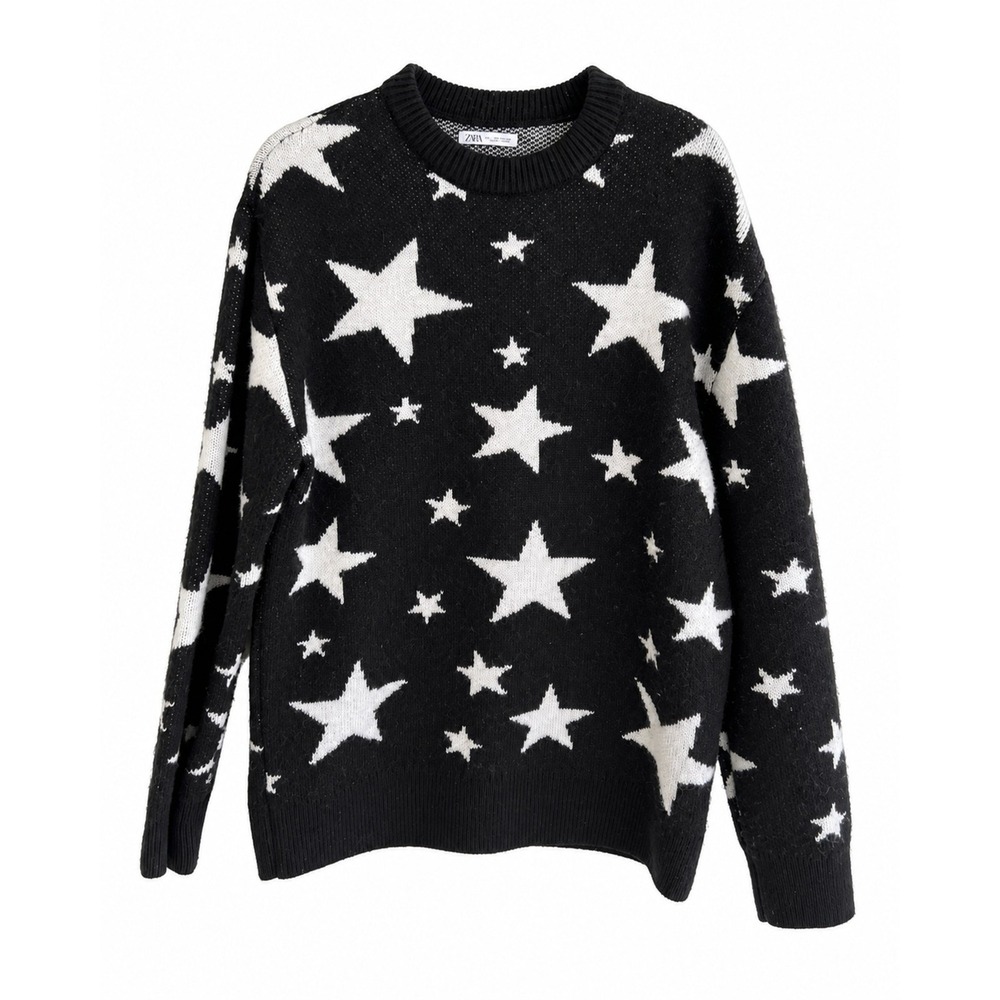 Zara Star Knit Sweater | Black & White Wool Blend | L